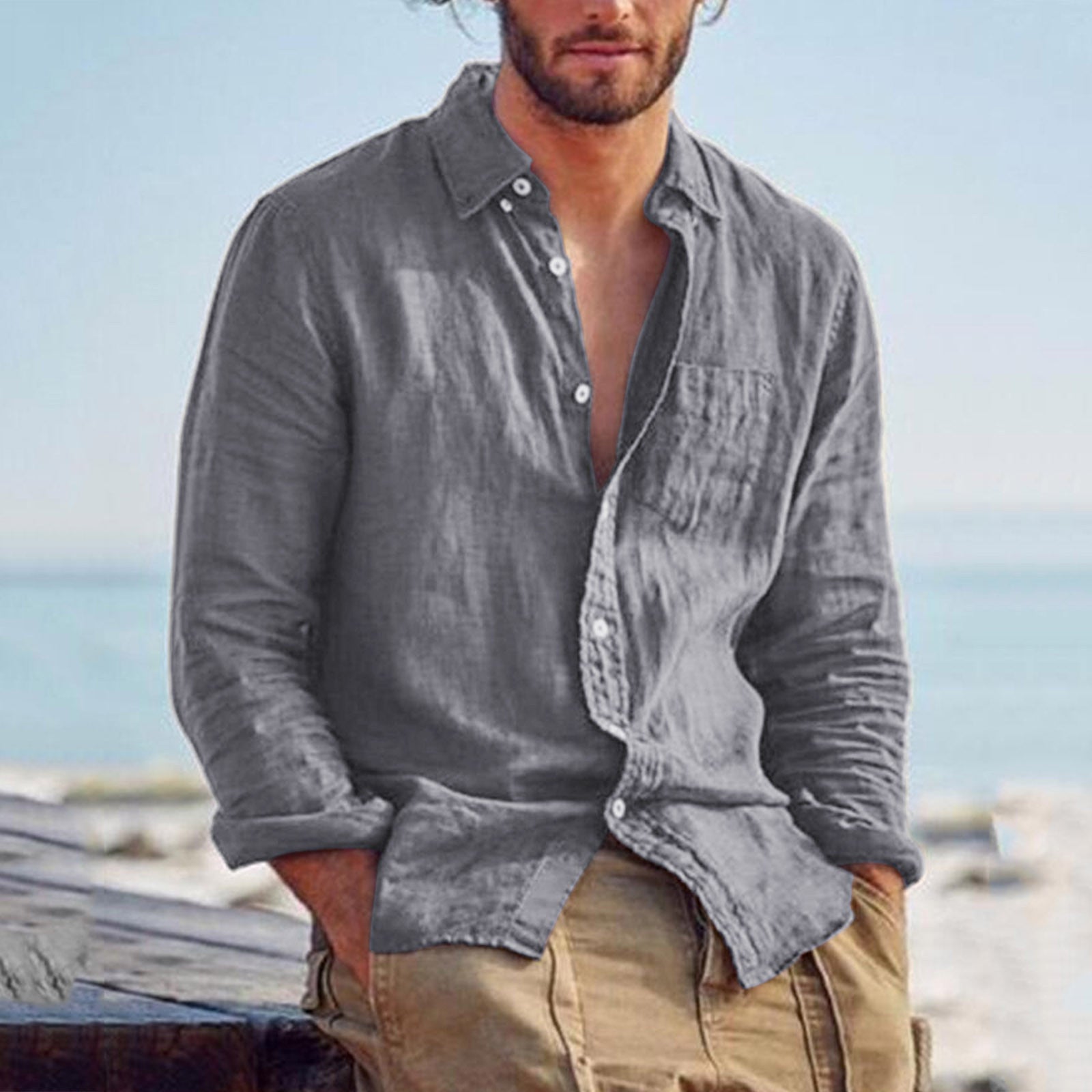 Solid Color Cotton Linen Loose Men's Shirts