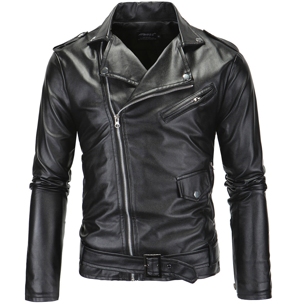 Men&#039;s Motorcycle Motorcycle Slim Casual Lapel Diagonal Zipper Leather Jacket