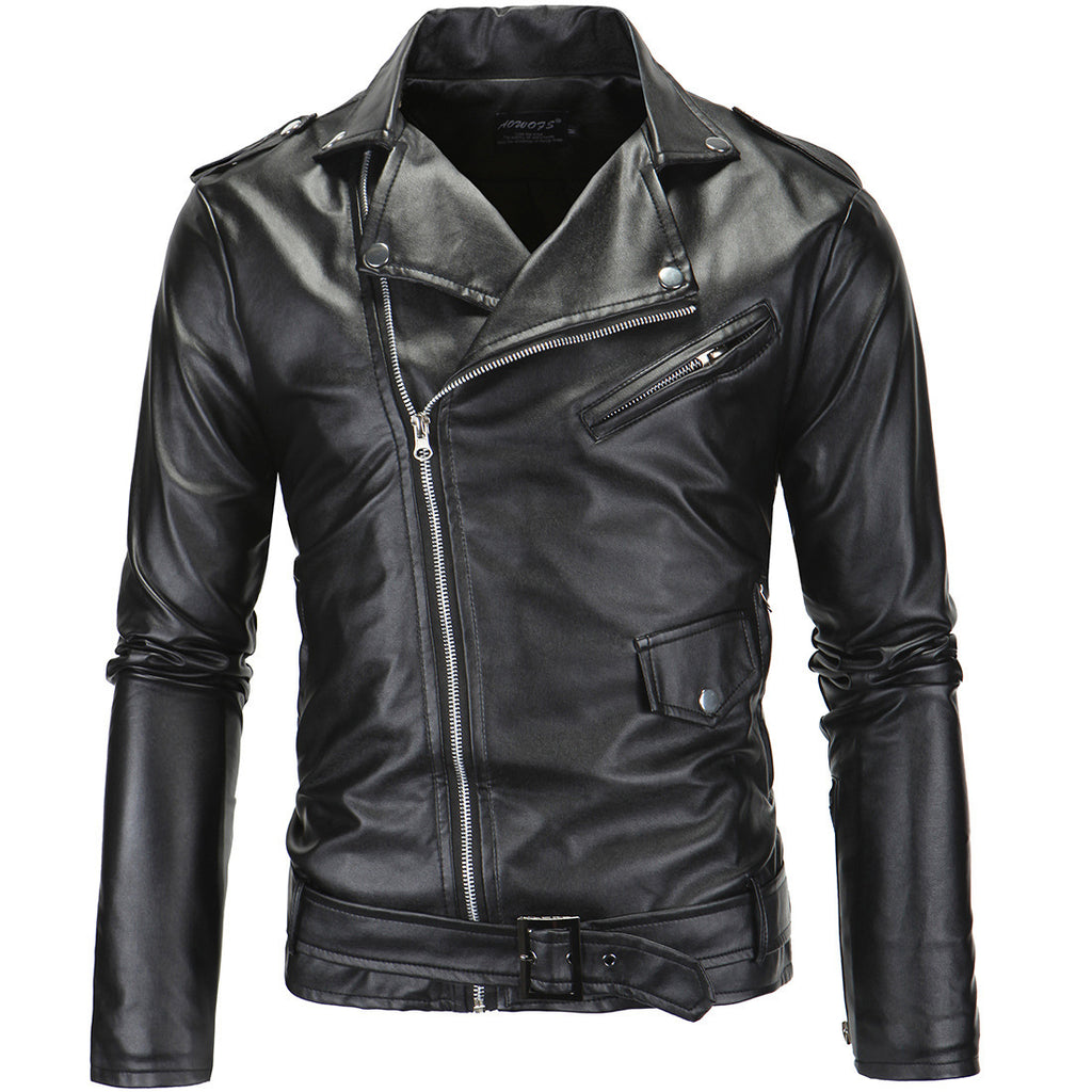 Men&#039;s Motorcycle Motorcycle Slim Casual Lapel Diagonal Zipper Leather Jacket