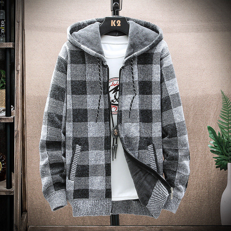 Men&#039;s Long-sleeved Hooded Plaid Plus Velvet Thickened Cardigan Sweater Youth Slim Men&#039;s Warm Sweater