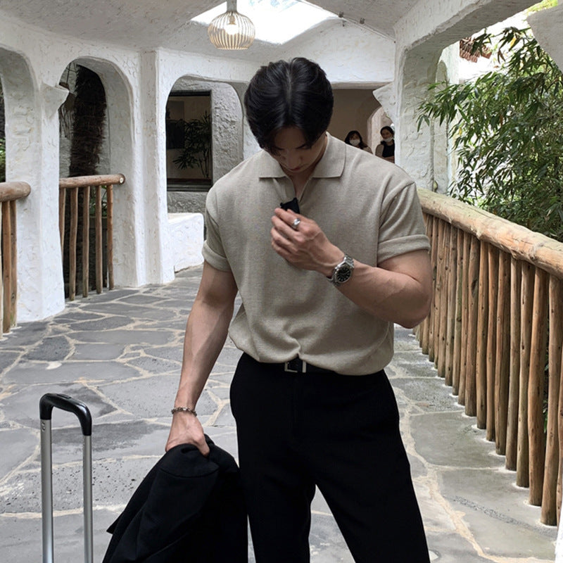 Summer Korean Style Lapel Polo Shirt Men&#039;s Trendy Knitted Short-sleeved T-shirt Solid Color New Top Sweater