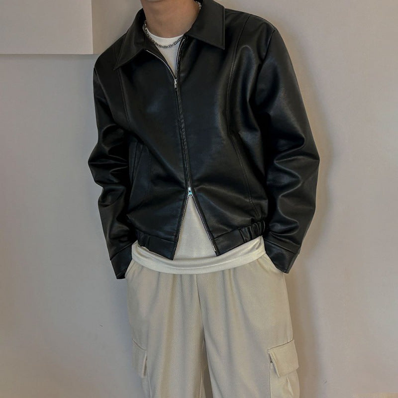 MYQ Pu Shuai Short Leather Jacket Men&#039;s Spring New Lapel Top Korean Style Loose High-grade Leather Jacket