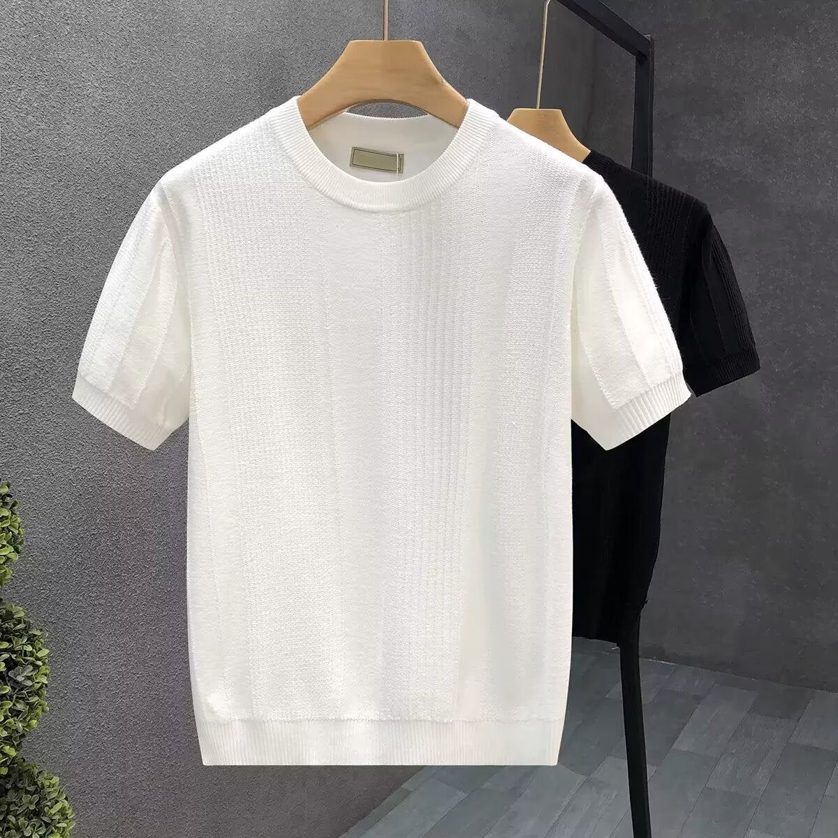 Pure White Jacquard Short Sleeve Sweater Men&#039;s Spring And Autumn Thin Bottoming Shirt Men&#039;s Fashion Brand Trendy Half Sleeve Sweater