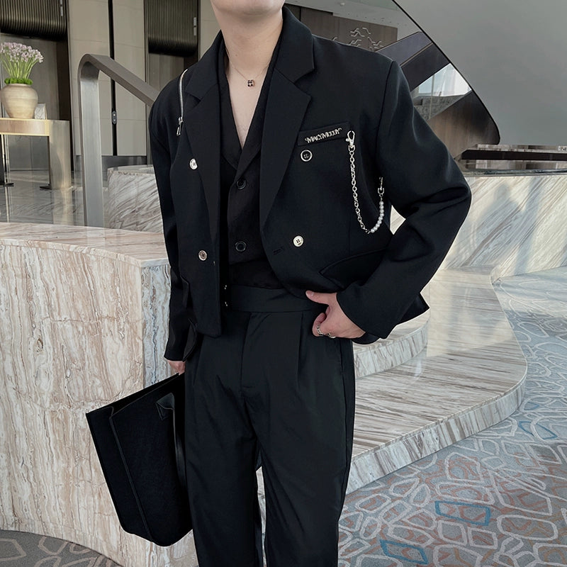 Autumn Ins Trendy Brand High-end Handsome Short Coat Suit Male Internet Celebrity Metal Chain Design Suit Hair Stylist