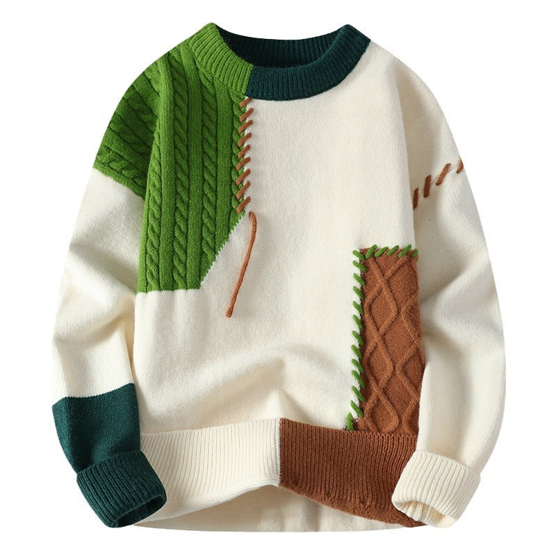 Designed Sweater Men&#039;s American Retro Contrast Color Splicing Trendy Brand Fashion Trend Round Neck Loose Knitted Couple Tops