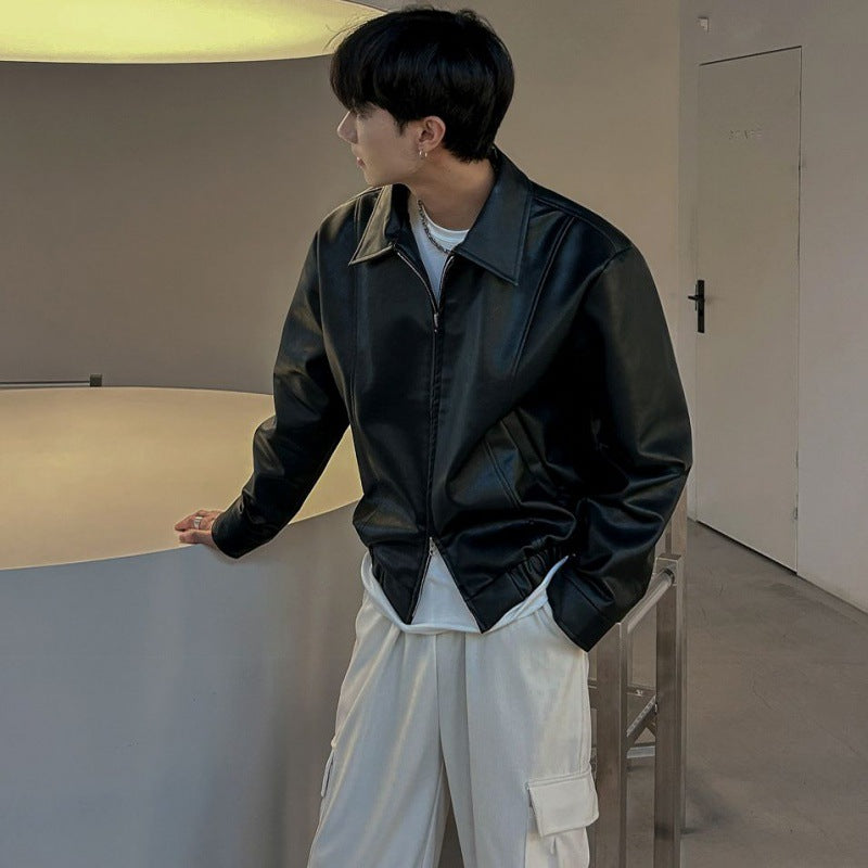 MYQ Pu Shuai Short Leather Jacket Men&#039;s Spring New Lapel Top Korean Style Loose High-grade Leather Jacket