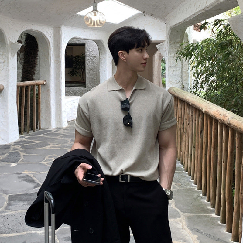 Summer Korean Style Lapel Polo Shirt Men&#039;s Trendy Knitted Short-sleeved T-shirt Solid Color New Top Sweater