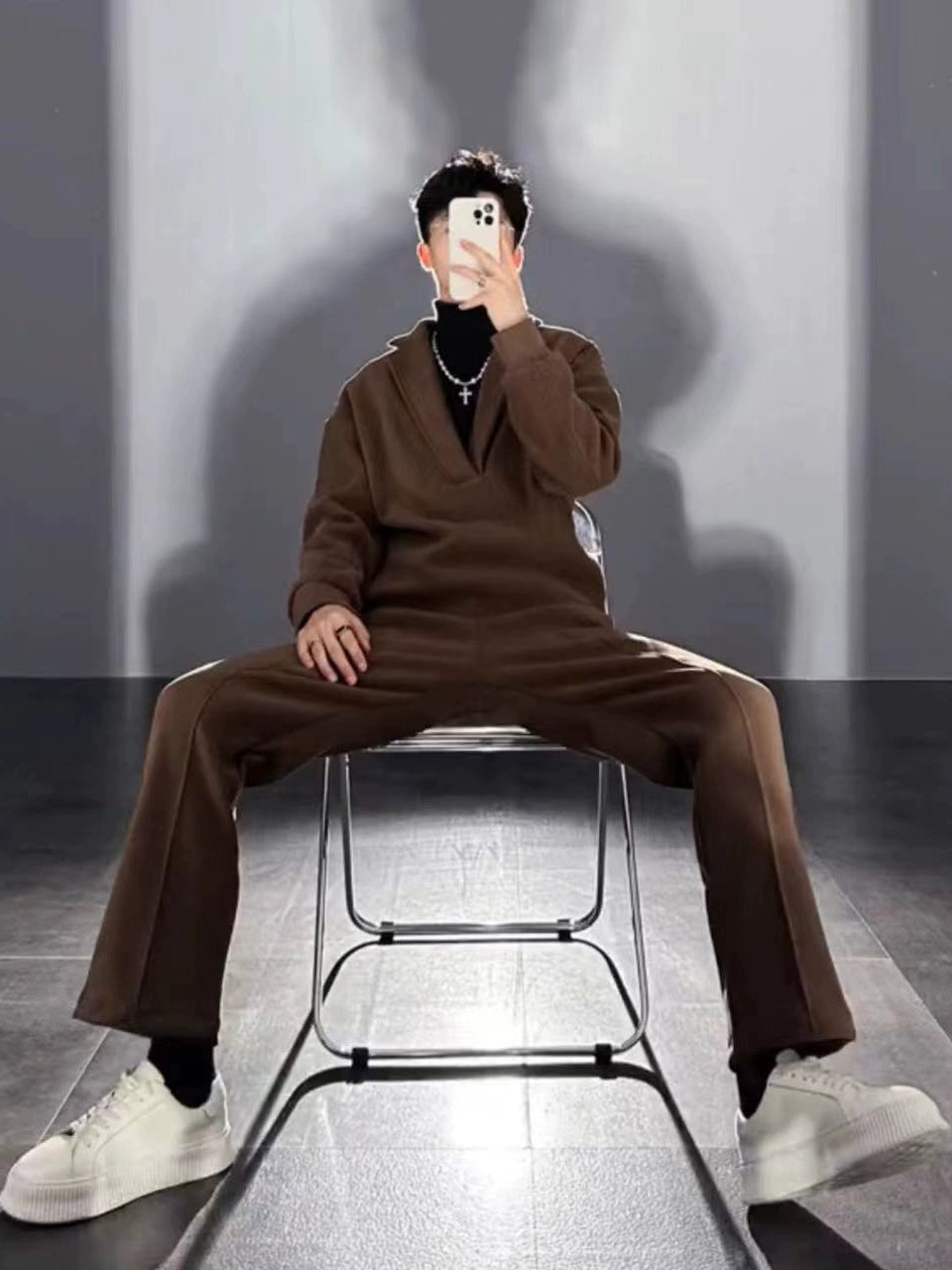 V-neck Pullover Woolen Casual Suit Men&#039;s Suit Collar Loose Solid Color Two-piece Suit Side Zipper