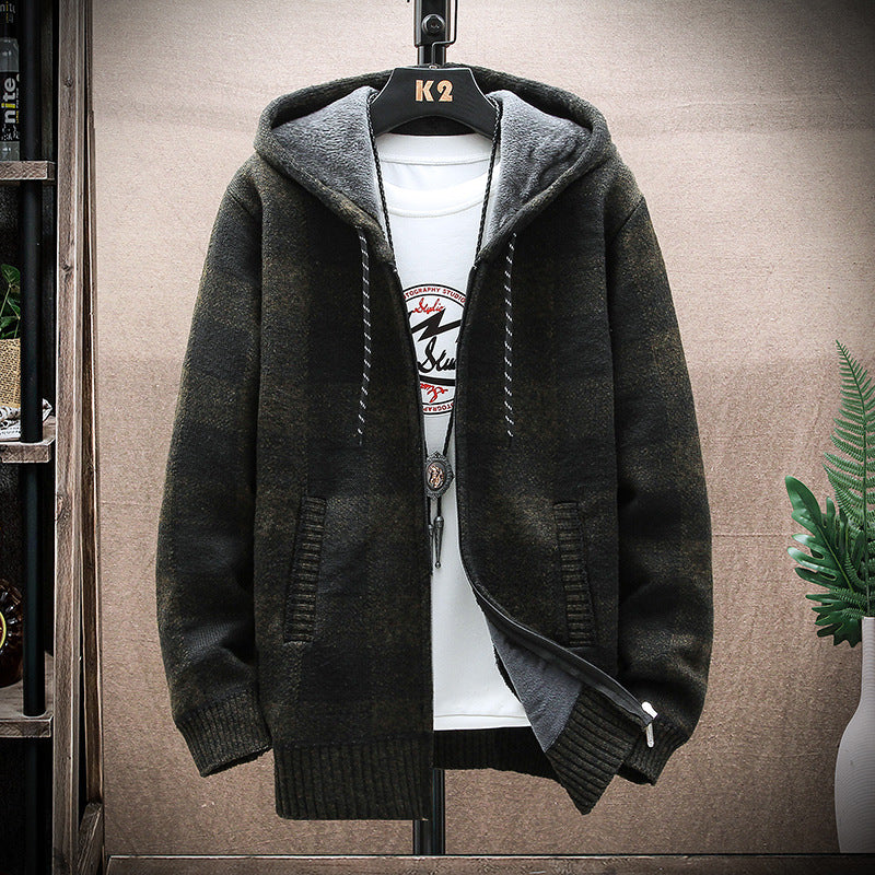 Men&#039;s Long-sleeved Hooded Plaid Plus Velvet Thickened Cardigan Sweater Youth Slim Men&#039;s Warm Sweater
