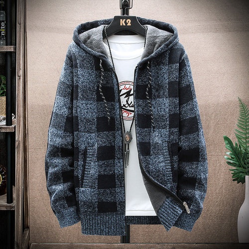Men&#039;s Long-sleeved Hooded Plaid Plus Velvet Thickened Cardigan Sweater Youth Slim Men&#039;s Warm Sweater