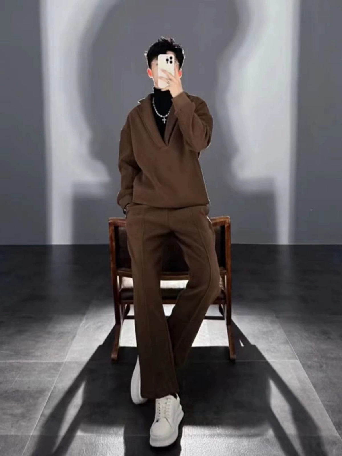 V-neck Pullover Woolen Casual Suit Men&#039;s Suit Collar Loose Solid Color Two-piece Suit Side Zipper