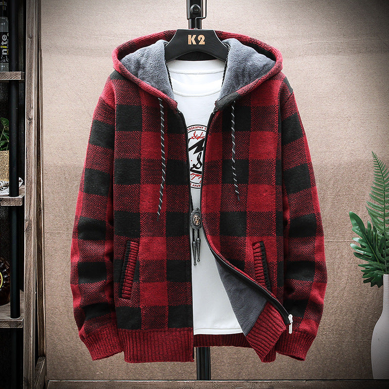 Men&#039;s Long-sleeved Hooded Plaid Plus Velvet Thickened Cardigan Sweater Youth Slim Men&#039;s Warm Sweater