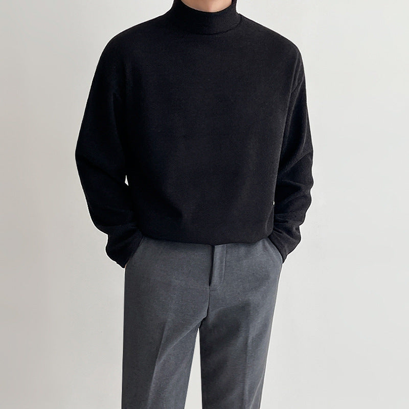 High Collar Long Sleeve T-shirt Men&#039;s Autumn And Winter Korean Loose Trendy Thickened All-match Pure Cotton Solid Color T-shirt