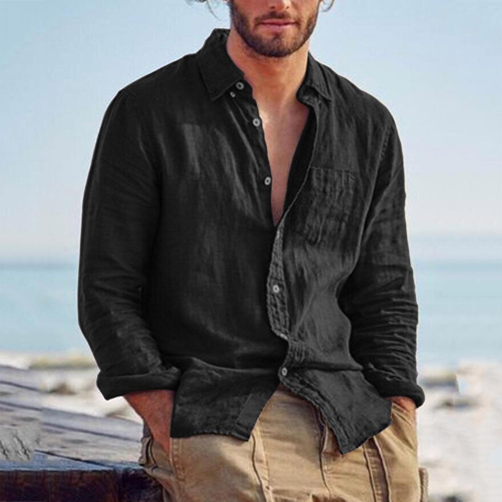 Solid Color  Cotton Linen Loose Men&amp;amp;#039;s Shirts