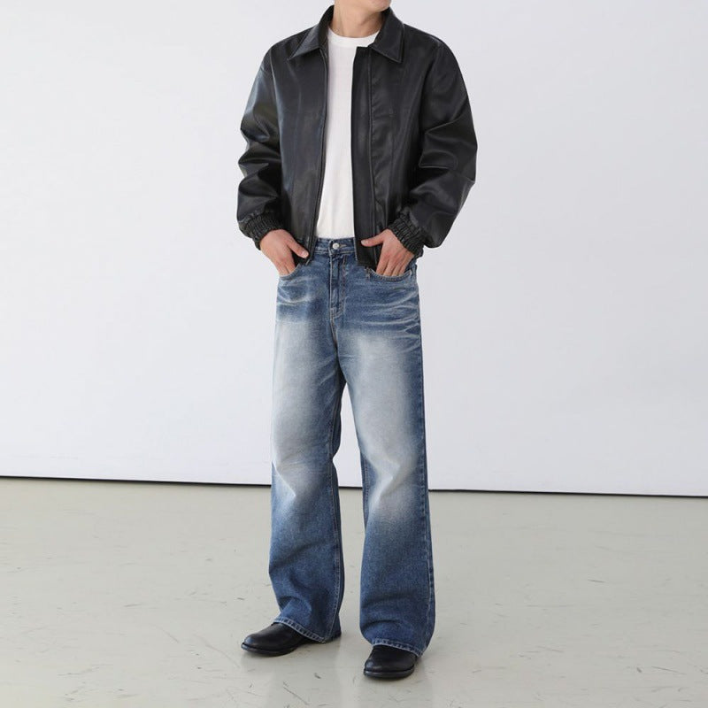 MYQ Pu Shuai Short Motorcycle Leather Jacket Men&#039;s Spring Maillard Style Coat Korean Style Loose Lapel Leather Jacket