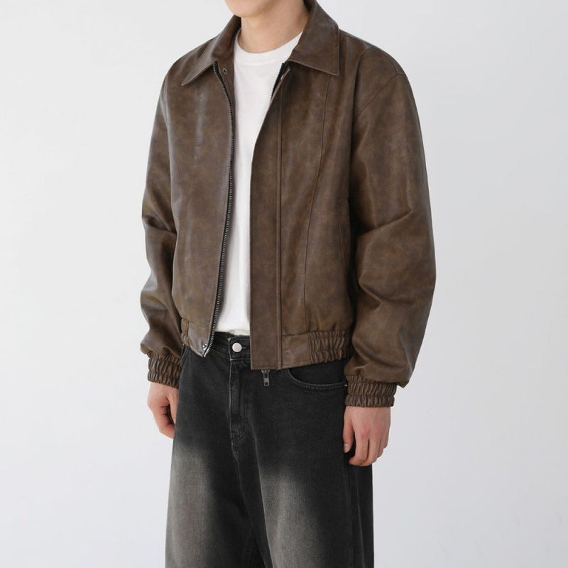 MYQ Pu Shuai Short Motorcycle Leather Jacket Men&#039;s Spring Maillard Style Coat Korean Style Loose Lapel Leather Jacket