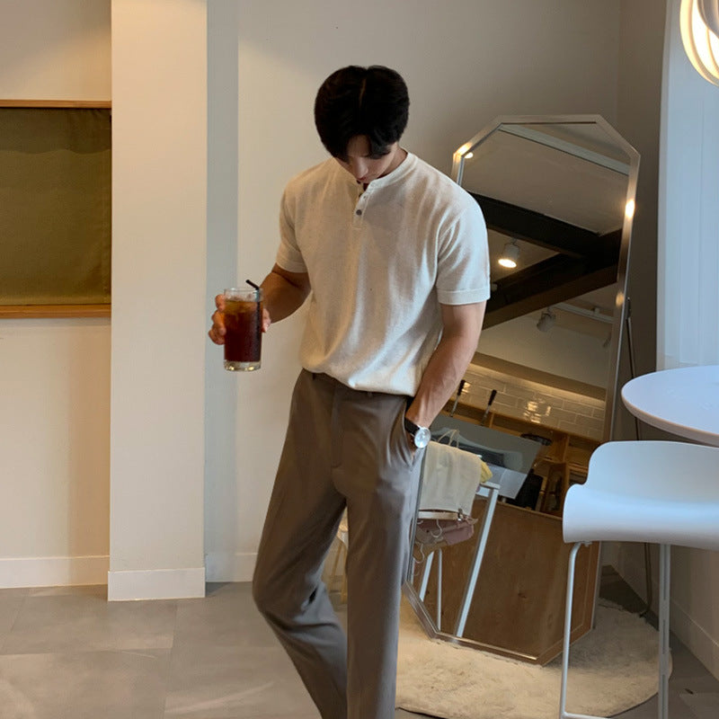 MYQ Men&#039;s Short-sleeved T-shirt Korean-style Trendy Summer Thin Slim-fit Half-sleeve Top Ice Silk Knitted Bottoming Shirt