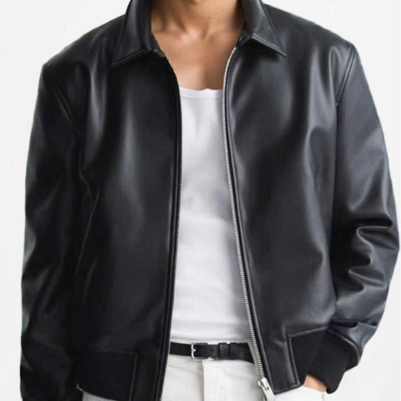 Original-men&#039;s Lapel Faux Leather Black Double Zipper Head Jacket Coat Leather Coat Short In Stock