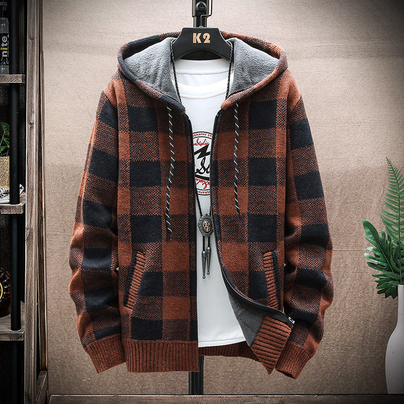 Men&#039;s Long-sleeved Hooded Plaid Plus Velvet Thickened Cardigan Sweater Youth Slim Men&#039;s Warm Sweater