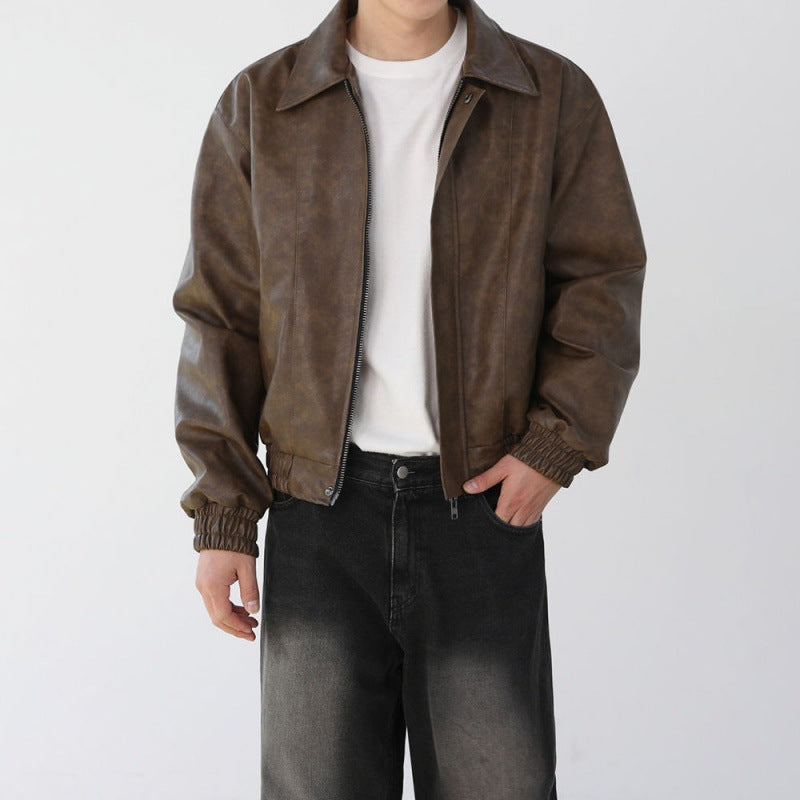 MYQ Pu Shuai Short Motorcycle Leather Jacket Men&#039;s Spring Maillard Style Coat Korean Style Loose Lapel Leather Jacket