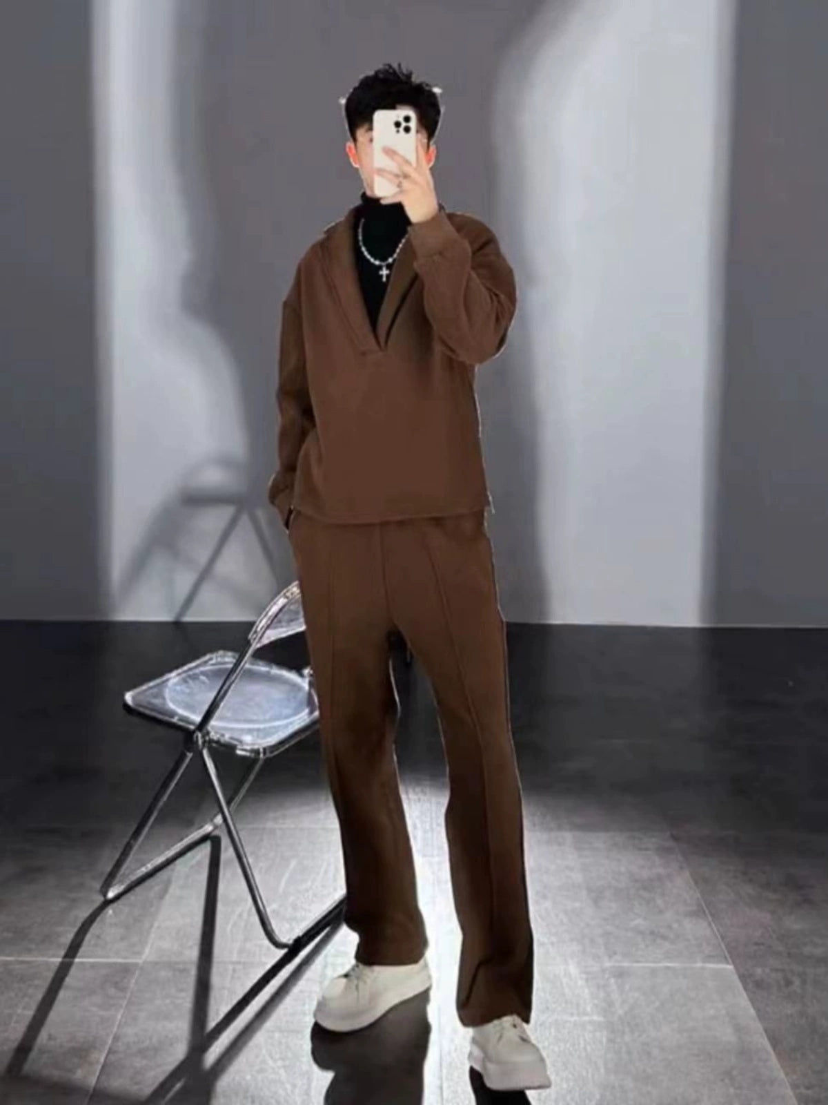 V-neck Pullover Woolen Casual Suit Men&#039;s Suit Collar Loose Solid Color Two-piece Suit Side Zipper