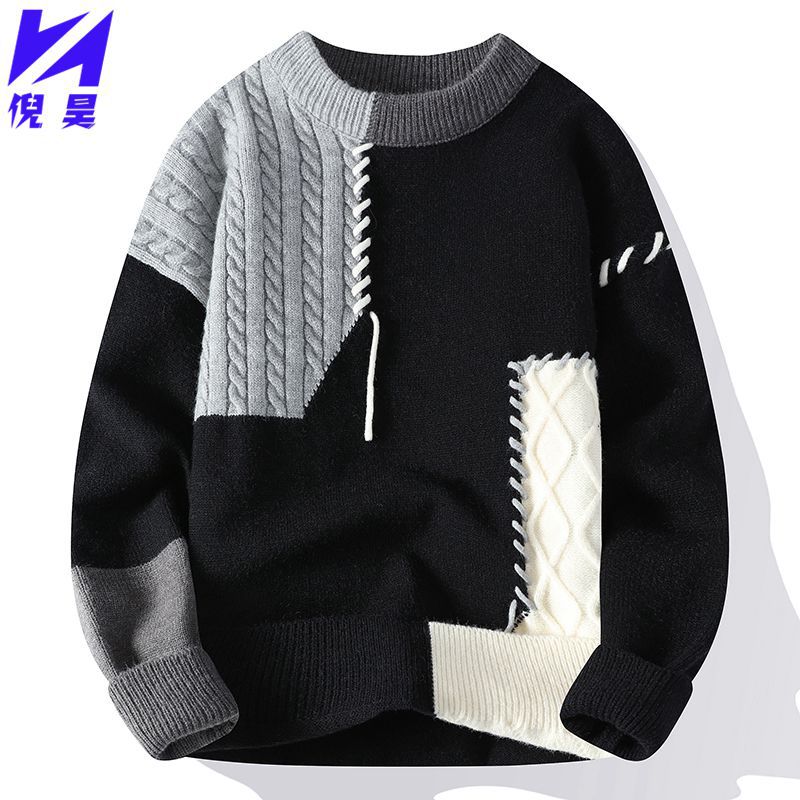 Designed Sweater Men&#039;s American Retro Contrast Color Splicing Trendy Brand Fashion Trend Round Neck Loose Knitted Couple Tops