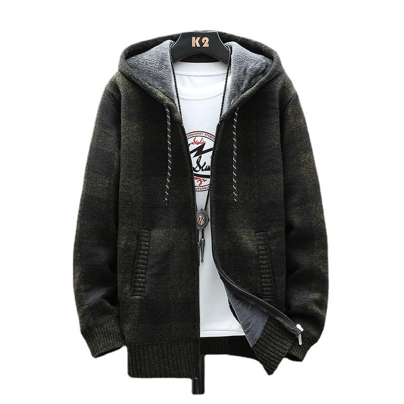 Men&#039;s Long-sleeved Hooded Plaid Plus Velvet Thickened Cardigan Sweater Youth Slim Men&#039;s Warm Sweater