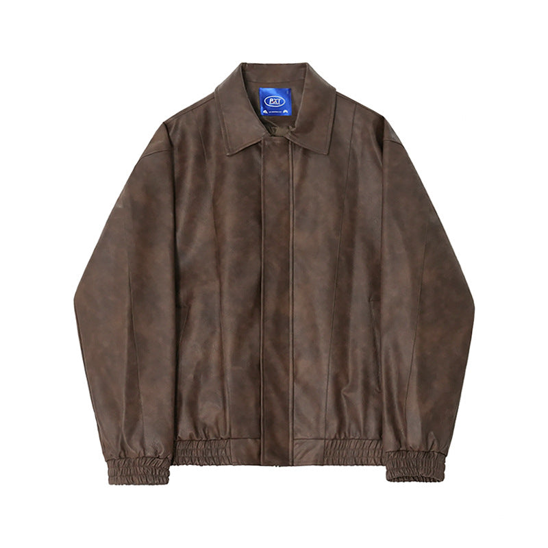 MYQ Pu Shuai Short Motorcycle Leather Jacket Men&#039;s Spring Maillard Style Coat Korean Style Loose Lapel Leather Jacket