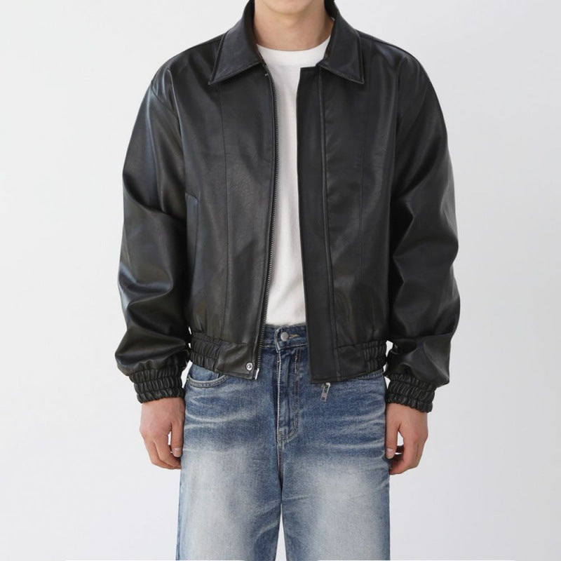 MYQ Pu Shuai Short Motorcycle Leather Jacket Men&#039;s Spring Maillard Style Coat Korean Style Loose Lapel Leather Jacket