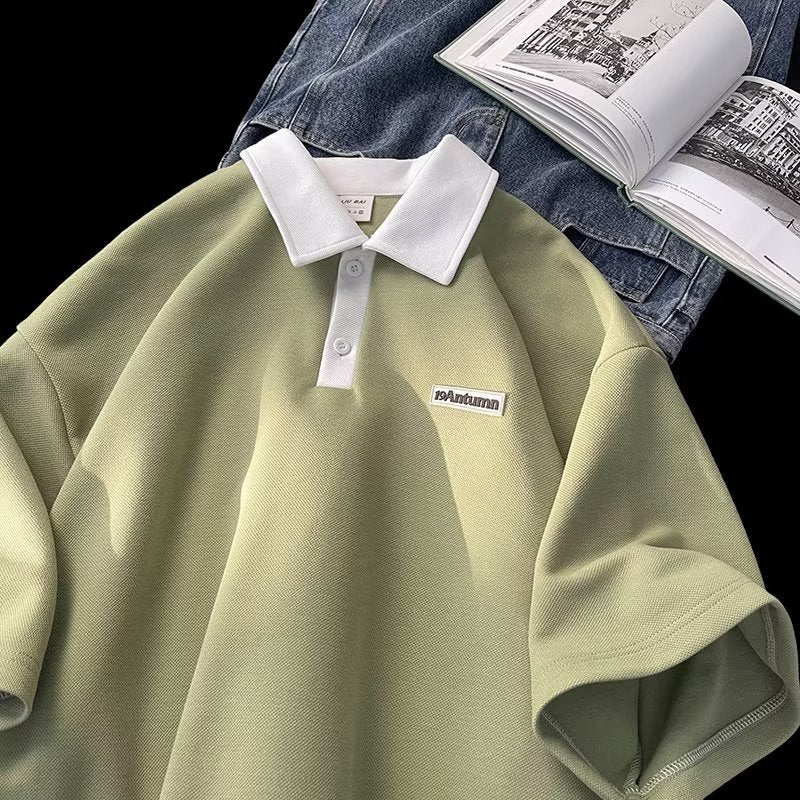 Boys Polo Shirt Summer New American Style Fashion Brand Label Color-matching Lapel Top Short-sleeved T-shirt For Teenagers And Students