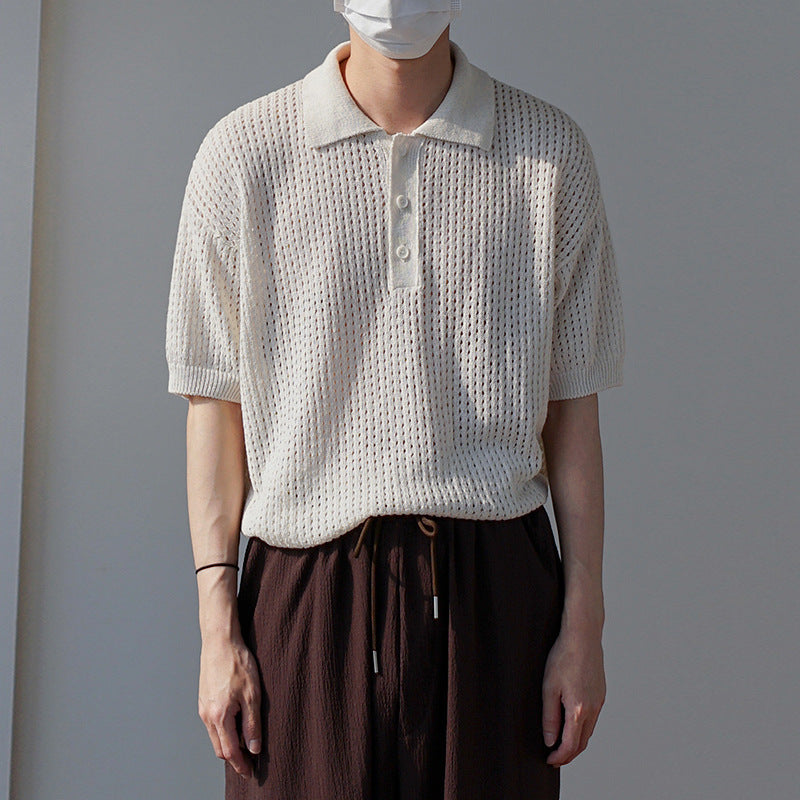 MYQ Knitted Short-sleeved Polo Shirt Men&#039;s Summer Korean-style Loose All-match Retro Solid Color Half-sleeved Lapel T-shirt