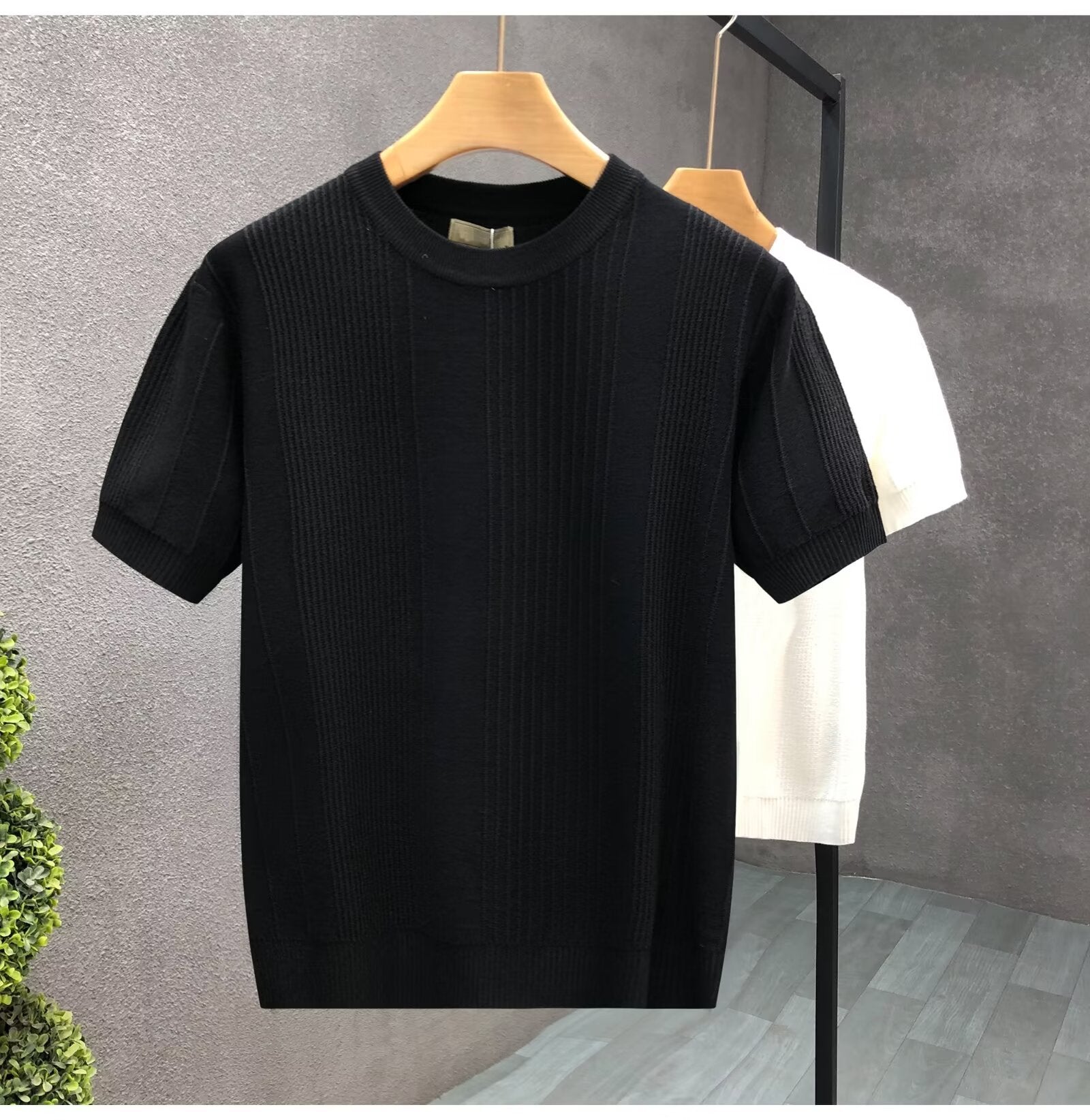 Pure White Jacquard Short Sleeve Sweater Men&#039;s Spring And Autumn Thin Bottoming Shirt Men&#039;s Fashion Brand Trendy Half Sleeve Sweater