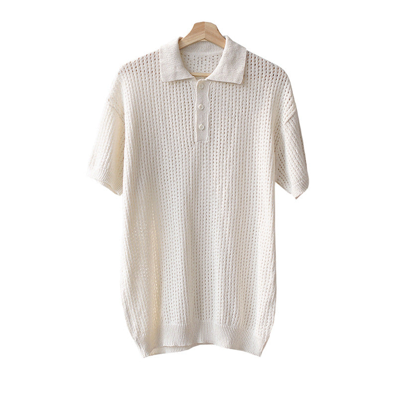 MYQ Knitted Short-sleeved Polo Shirt Men&#039;s Summer Korean-style Loose All-match Retro Solid Color Half-sleeved Lapel T-shirt