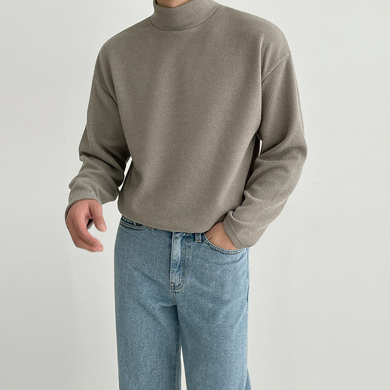 High Collar Long Sleeve T-shirt Men&#039;s Autumn And Winter Korean Loose Trendy Thickened All-match Pure Cotton Solid Color T-shirt