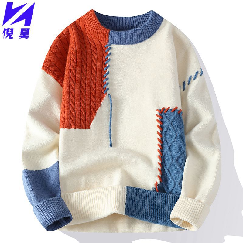 Designed Sweater Men&#039;s American Retro Contrast Color Splicing Trendy Brand Fashion Trend Round Neck Loose Knitted Couple Tops