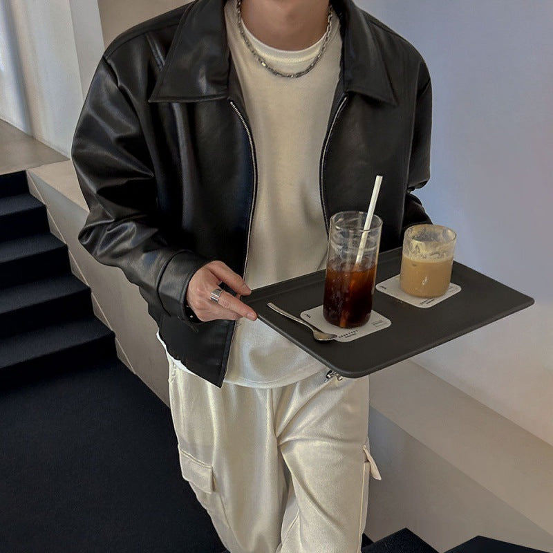 MYQ Pu Shuai Short Leather Jacket Men&#039;s Spring New Lapel Top Korean Style Loose High-grade Leather Jacket