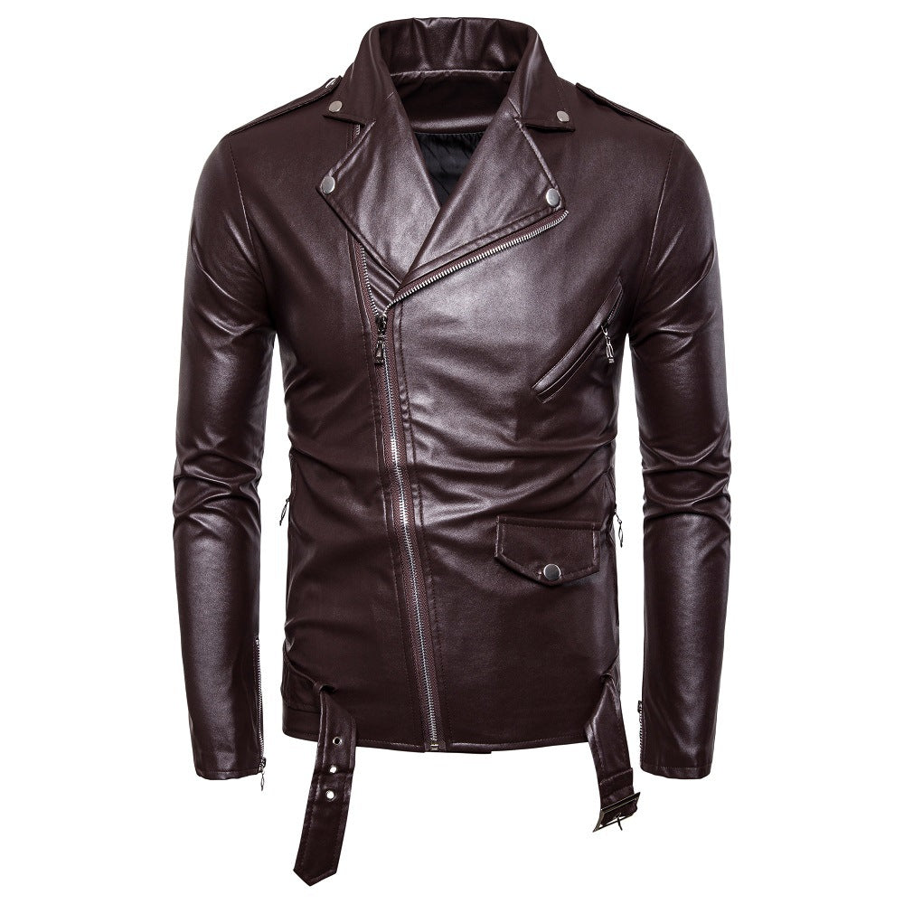 Men&#039;s Motorcycle Motorcycle Slim Casual Lapel Diagonal Zipper Leather Jacket