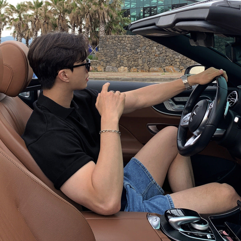 Summer Korean Style Lapel Polo Shirt Men&#039;s Trendy Knitted Short-sleeved T-shirt Solid Color New Top Sweater