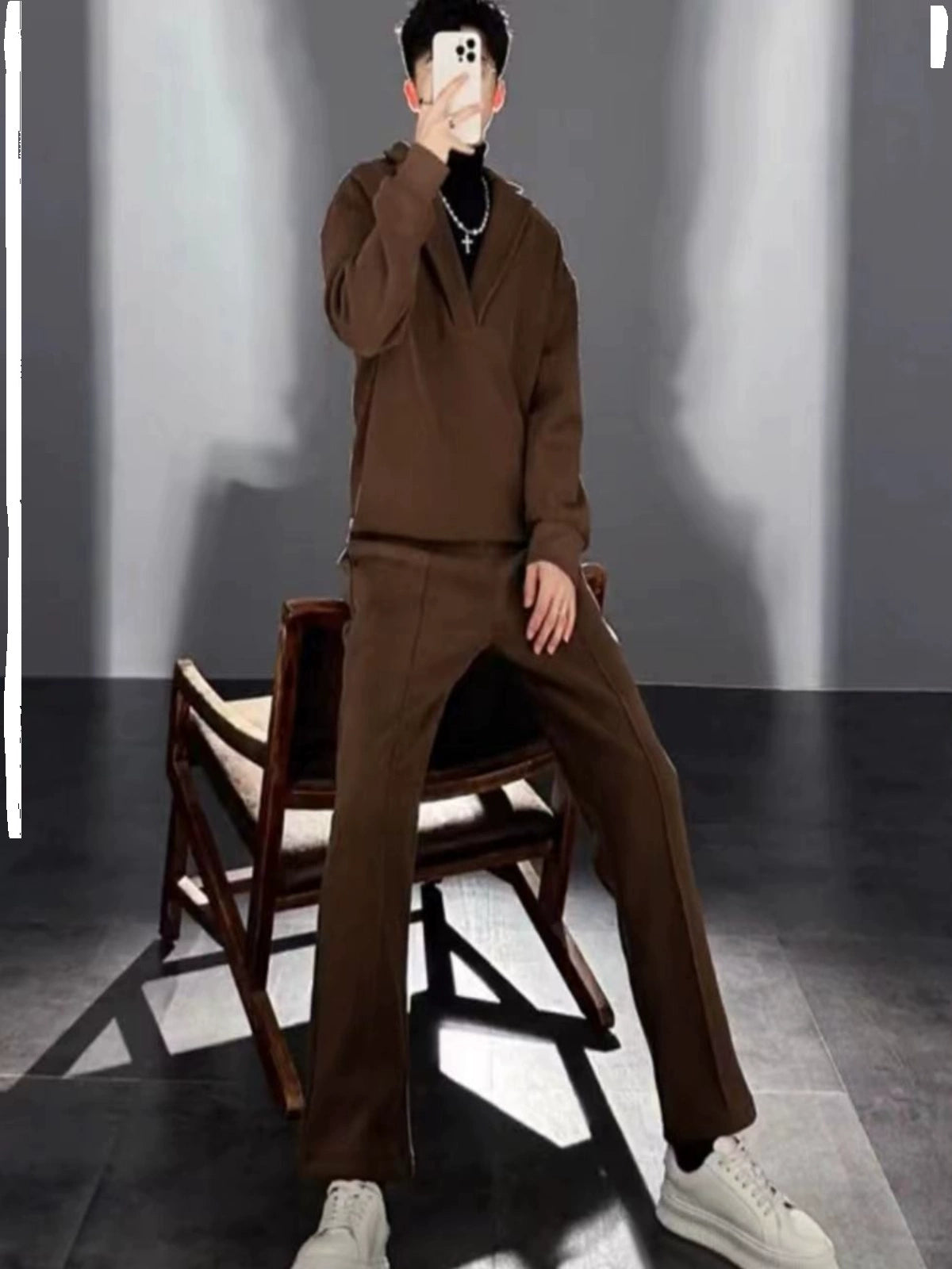 V-neck Pullover Woolen Casual Suit Men&#039;s Suit Collar Loose Solid Color Two-piece Suit Side Zipper
