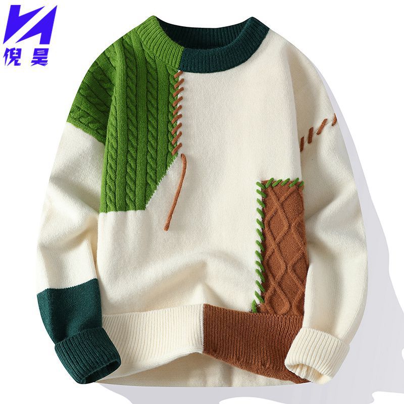 Designed Sweater Men&#039;s American Retro Contrast Color Splicing Trendy Brand Fashion Trend Round Neck Loose Knitted Couple Tops