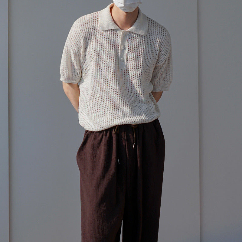 MYQ Knitted Short-sleeved Polo Shirt Men&#039;s Summer Korean-style Loose All-match Retro Solid Color Half-sleeved Lapel T-shirt